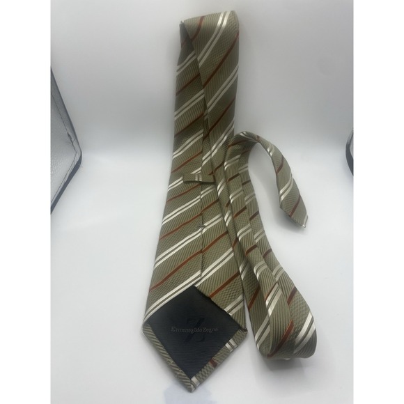 Ermenegildo Zegna Mens Green Stripes Silk/ Cotton Blend-Neck Tie-Made Italy - Picture 3 of 7